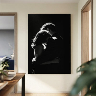 Tableau minimaliste sur toile « Deux silhouettes », impression sur châssis entoilé 61 x 91 cm, couple romantique en noir et blanc, idéal pour la chambre, le salon et l'entrée.