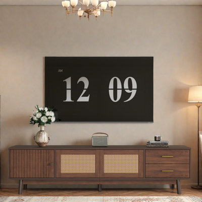 Mid Century Tv Stand With Sliding Doors And 2 Drawers, A Cabinet, Rattan Design And Waterproof Protection