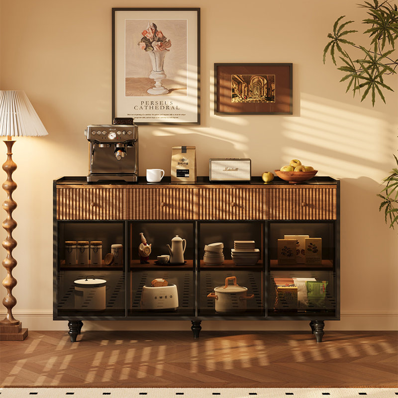 Buffet en bois massif noir et noyer, H 38,98 po x l 64,17 po x P 15,75 po