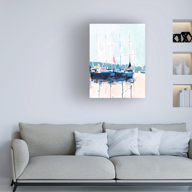 «Watercolor Boat Club I» par Emma Scarvey - peinture sur toile tendue, H 32 po x l 24 po x P 2 po