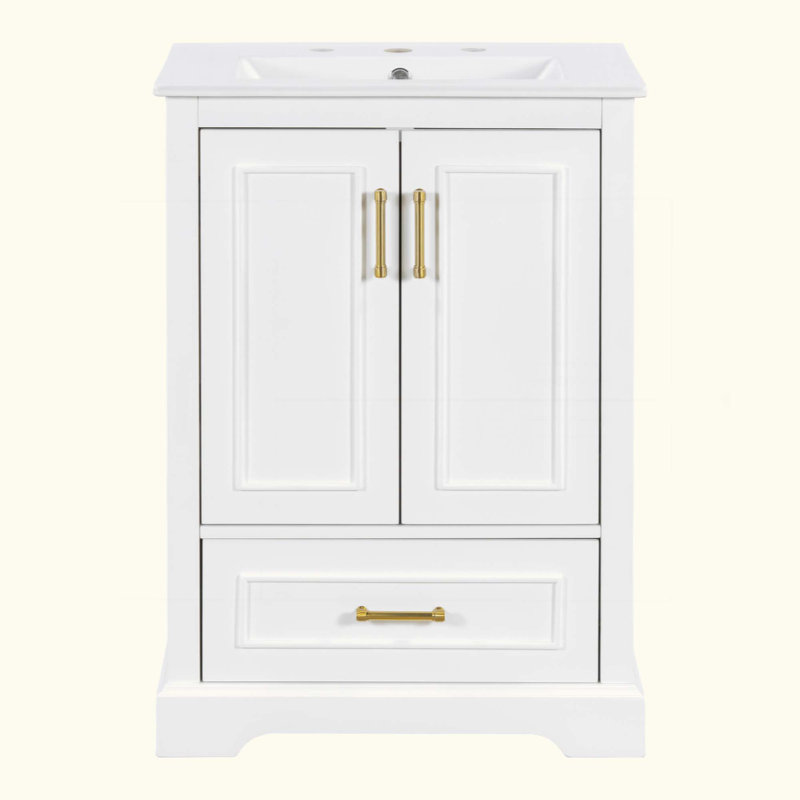 Meuble-lavabo de salle de bain avec lavabo, armoire en panneau de fibres à densité moyenne avec cadre en bois massif, 1 tiroir divisé et 2 portes à fermeture douce avec double tablette sur la porte, meuble-lavabo autoportant