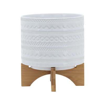 Natacha Stoneware Planter with Bamboo Stand - Ceramic Plant Pot with Raised Decorative Design, Modern Elevated Display