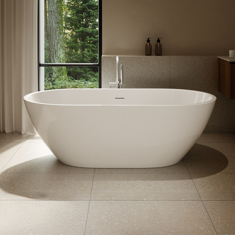 Ayago 65.98" x 29.53" Solid Surface Freestanding White Acrylic Soaking Bathtub, with Overflow and White Pop-up Drain, White