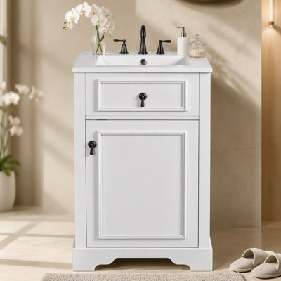 Meuble-lavabo de 20 pouces avec lavabo en céramique, porte à fermeture douce, tablette réglable et support de rangement fixé à la porte - idéal pour les petites salles de bain