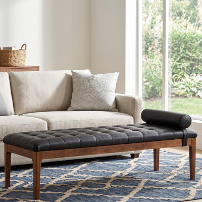 Banc en similicuir capitonné de luxe Mid-Century, banc de lit en bois d'hévéa noyer foncé pour l'entrée de la chambre à coucher