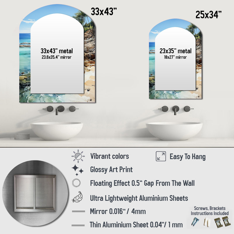 «Beach Photo Tropical Paradise III», miroir décoratif arqué de plage, miroir mural asymétrique turquoise, impression sur métal