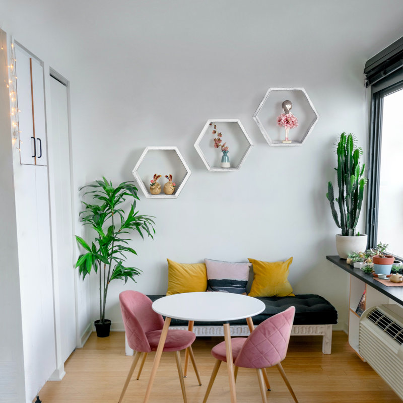 Emeria 3 Piece Hexagon Floating Shelf, Gray