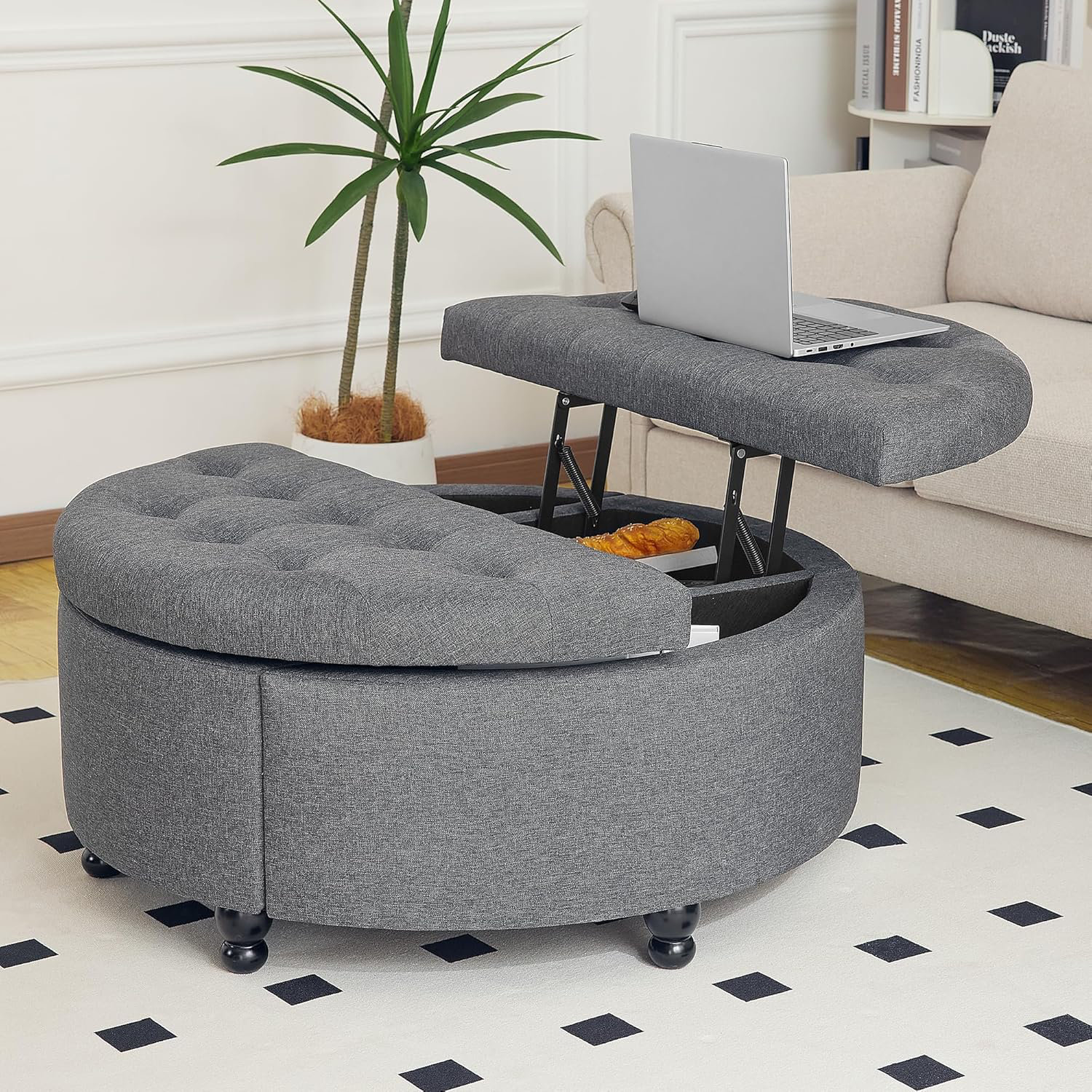 Round Ottoman With Storage 24 Inch Round Storage Ottoman - Gray Leather  Coffee Table With Removable Top Round Ottoman Coffee Table, image size:1500x1500