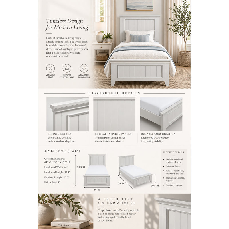 Monteith Shiplap-inspired Panel Bed in Off-White, Twin