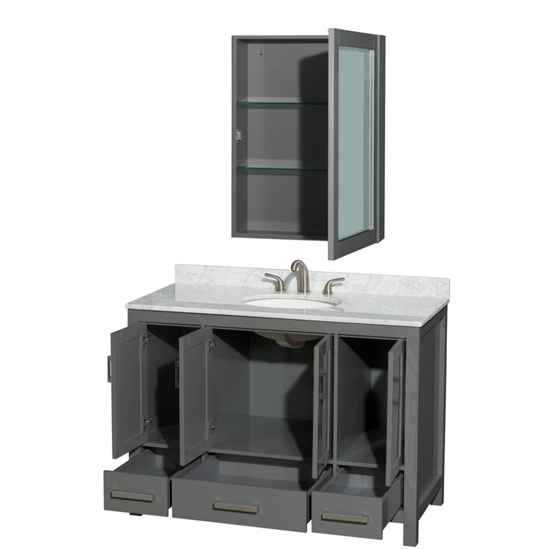 Sheffield 48" Single Bathroom Vanity Set with Mirror, White Carrara Marble, Dark Gray