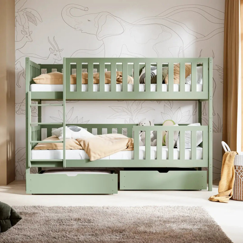 Wooden Bunk Bed Michalina with Storage 90x190cm - Practical, Elevated Bed With Storage Drawers, Olive