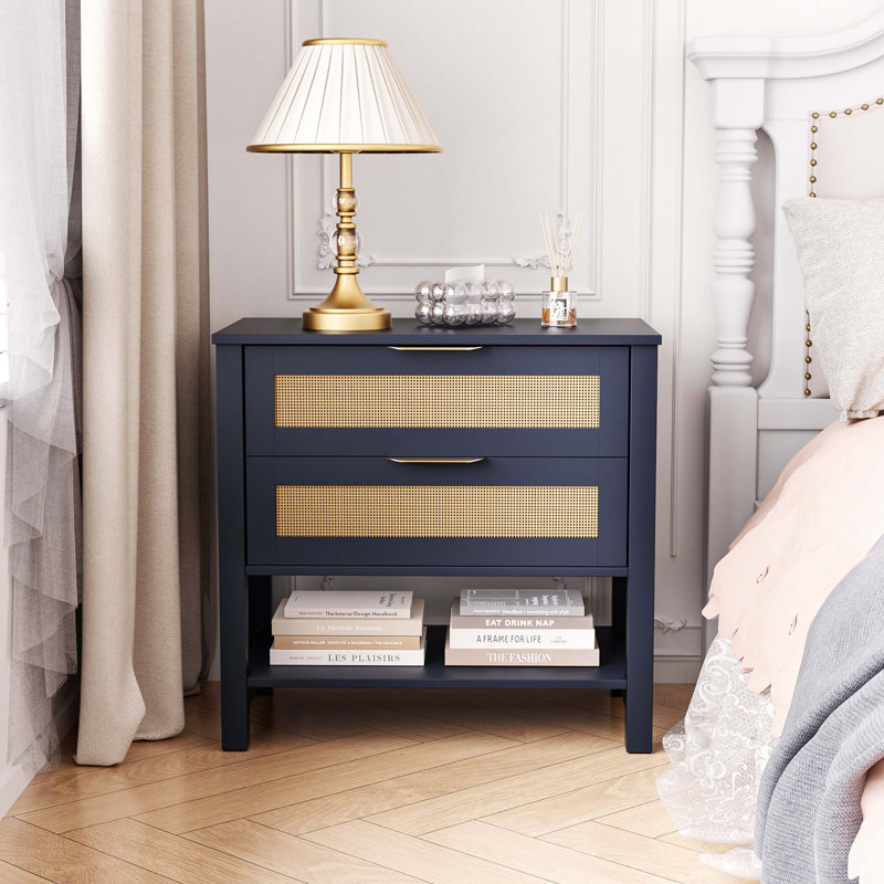Rattan Nightstand with Two Smooth-Gliding Drawers and Open Storage Shelf for Compact Bedrooms and Boho-Inspired Spaces.