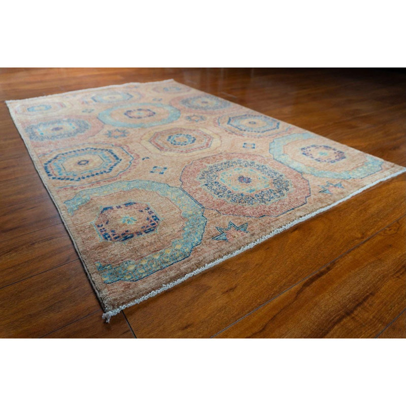 Tapis en laine noué à la main à motif géométrique ton de terre (3 pi 3 po x 5 pi)