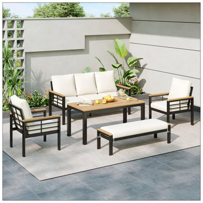 Ensemble de mobilier de patio, ensemble de mobilier d'extérieur 5 pièces avec canapé 3 places, ensembles de conversation de patio avec coussins pour la cour, le bord de la piscine, le jardin (coussin noir et beige)
