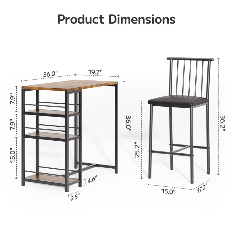 Modern 3-Piece Counter Height Dining Set with 3 Shelves, Kitchen Table and Chairs with 2 Upholstered Bar Stools, Sturdy Dining Room Set for Breakfast Nook & Kitchen