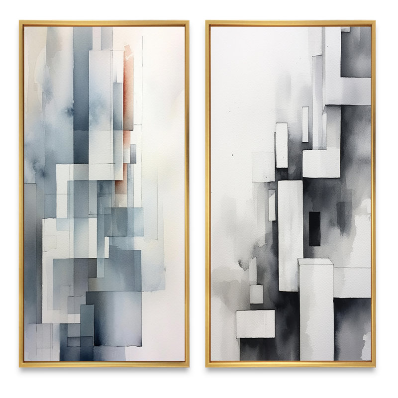 «Zen abstrait gris», 2 pièces sur toile, Encadrement doré, H 32 po x l 32 po