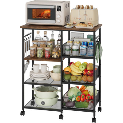 Rolling Kitchen Carts with Storage - Microwave Table Stand with 6 Hooks & 3 Baskets, kitchen Island Cart on Lockable Wheels, 28.3" L × 14.6" W Bakers Rack Cart