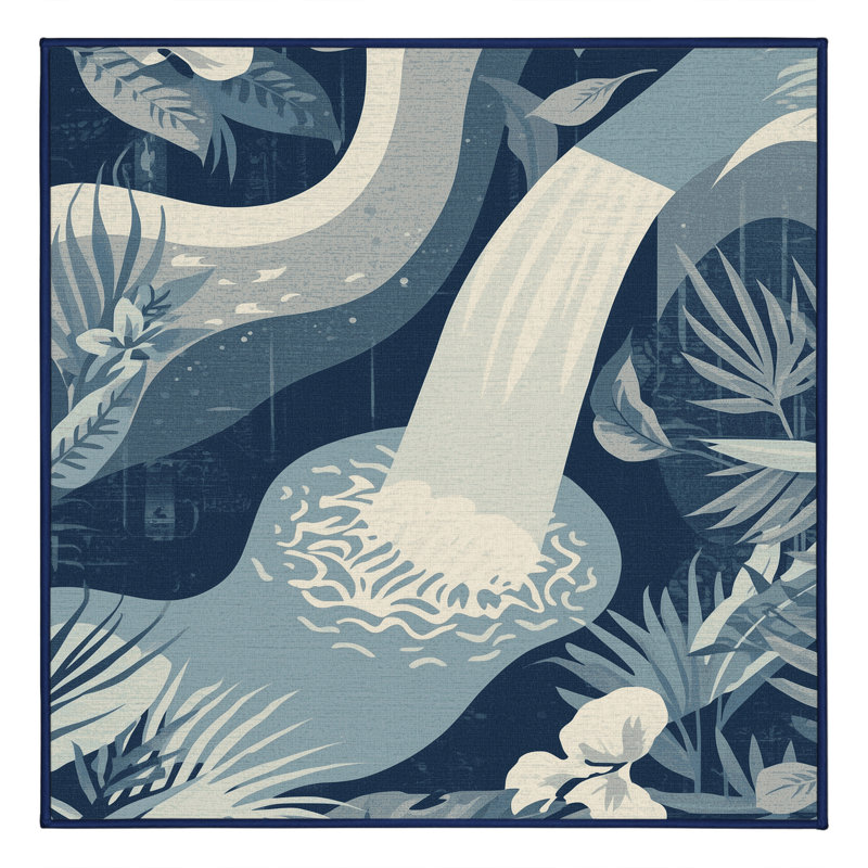 Machine Washable Paxon Tropical Floral Rug in Blue – Navy Binding, 8' Square