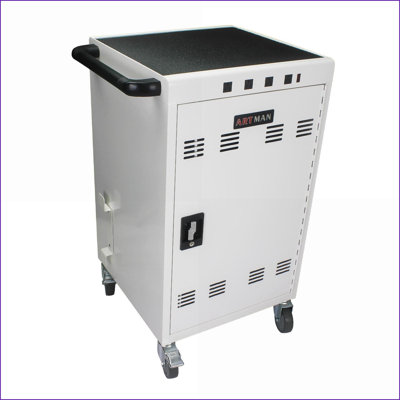 Chariot de charge mobile pour ordinateurs portables 31 + 4 tablettes avec verrou et amp; Clé, roulettes, barrettes d'alimentation UL | Blanc neige | Acier
