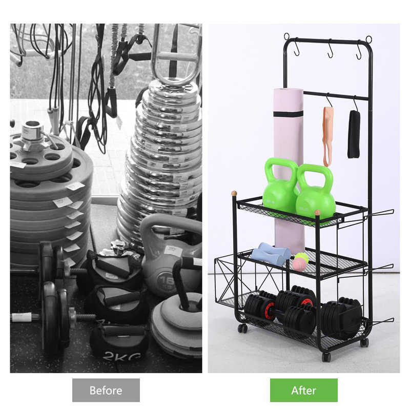 Support de rangement pour tapis de yoga à 3 niveaux avec cage à balles
