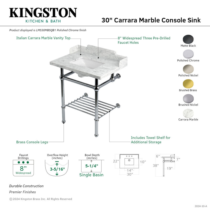 Kingston Brass Pemberton 30-Inch Carrara Marble Console Sink with Brass Legs and Shelf (8-Inch, 3-Hole)
