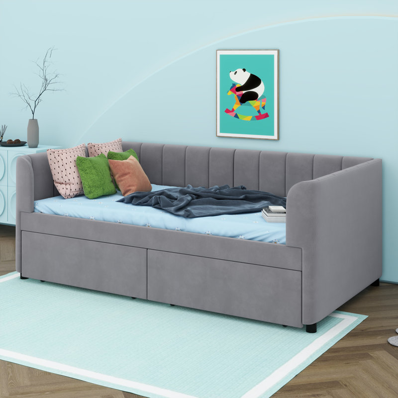 Lit de jour rembourré avec dossier ergonomique et 2 tiroirs, Gris