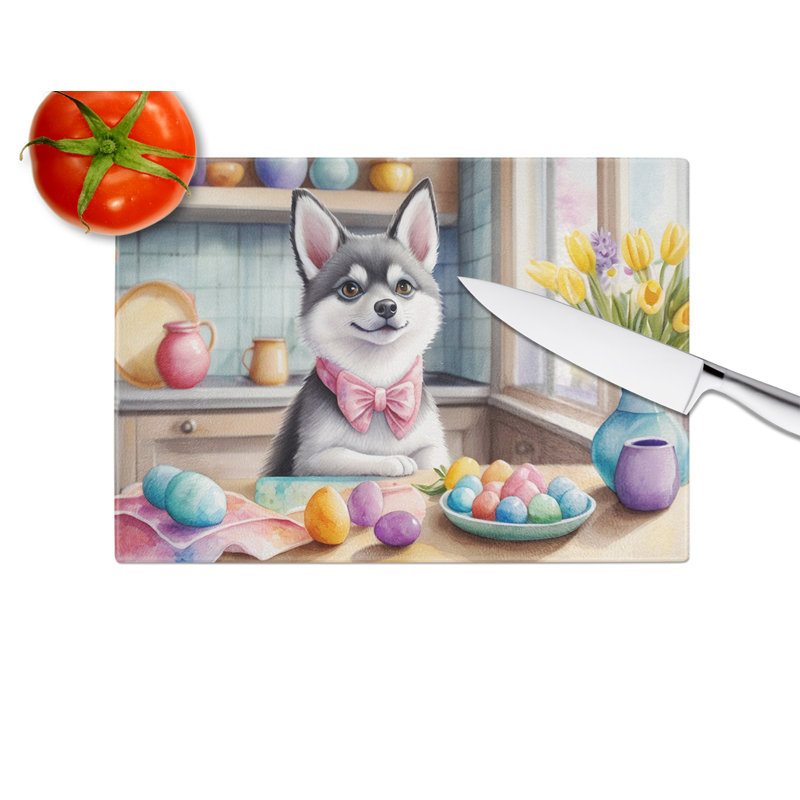 Decorating Easter Alaskan Klee Kai Glass Cutting Board