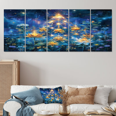Blossoming Lotus Flowers Sparkling Magical Night - Other Plants & Flowers Wall Art Set 5 Piece