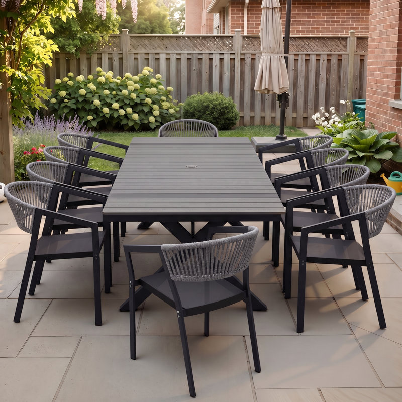 Ensemble repas pour 10 personnes en aluminium avec chaises empilables et trou pour parasol, Gris foncé, Gris foncé