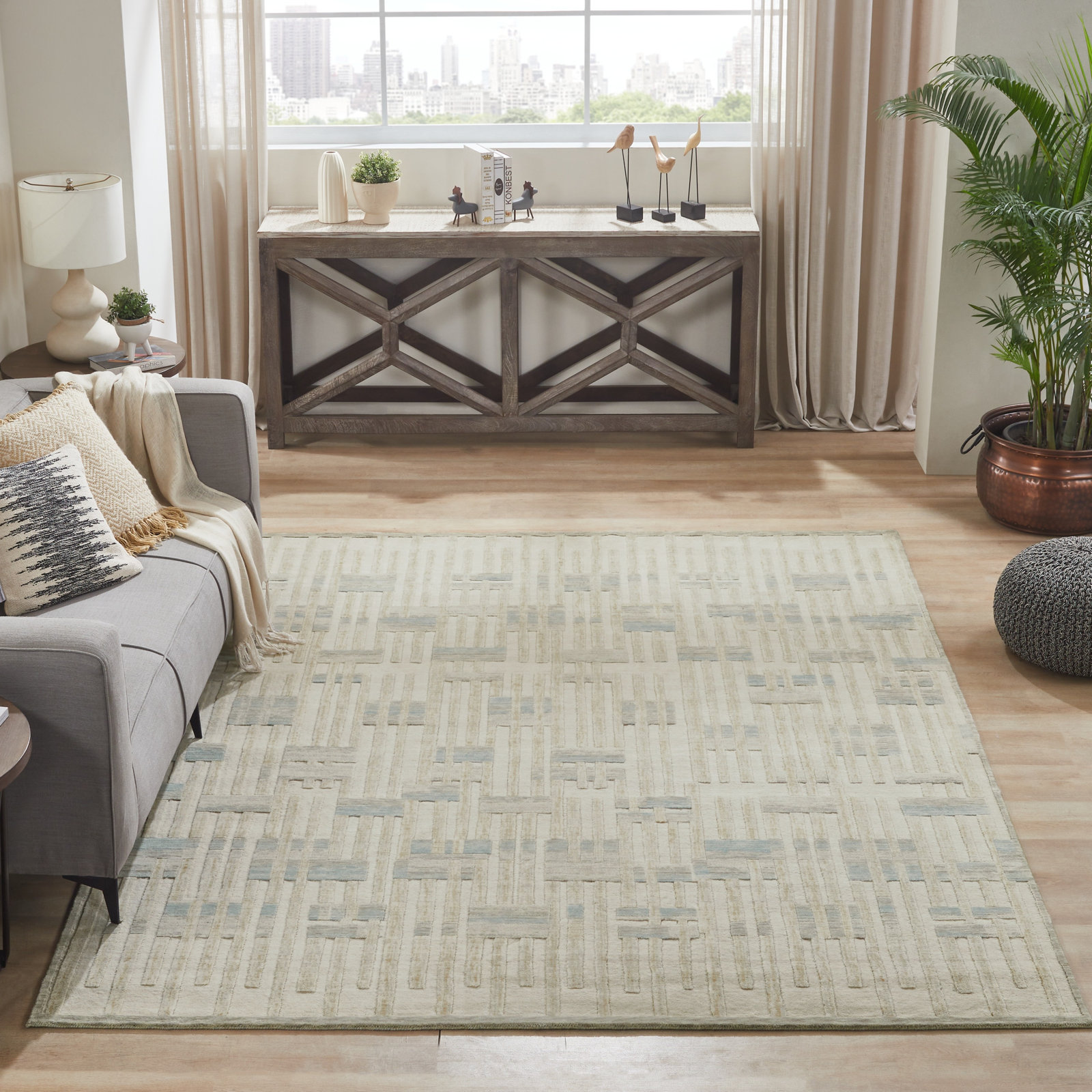 Wool Rug, Rectangle 8'6" x 11'6", Cream/Sand/Azure Abstract