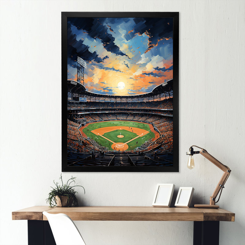 «Stadium In Spotlight Pointillism», peinture I, Cadre simple noir, H 32 po x l 24 po x P 1 po