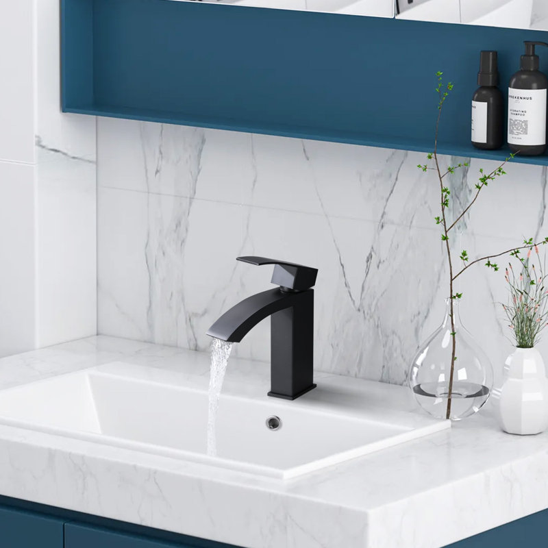 Single Hole Single Handle Waterfall Bathroom Sink Faucet With Pop-up Drain, Matte Black