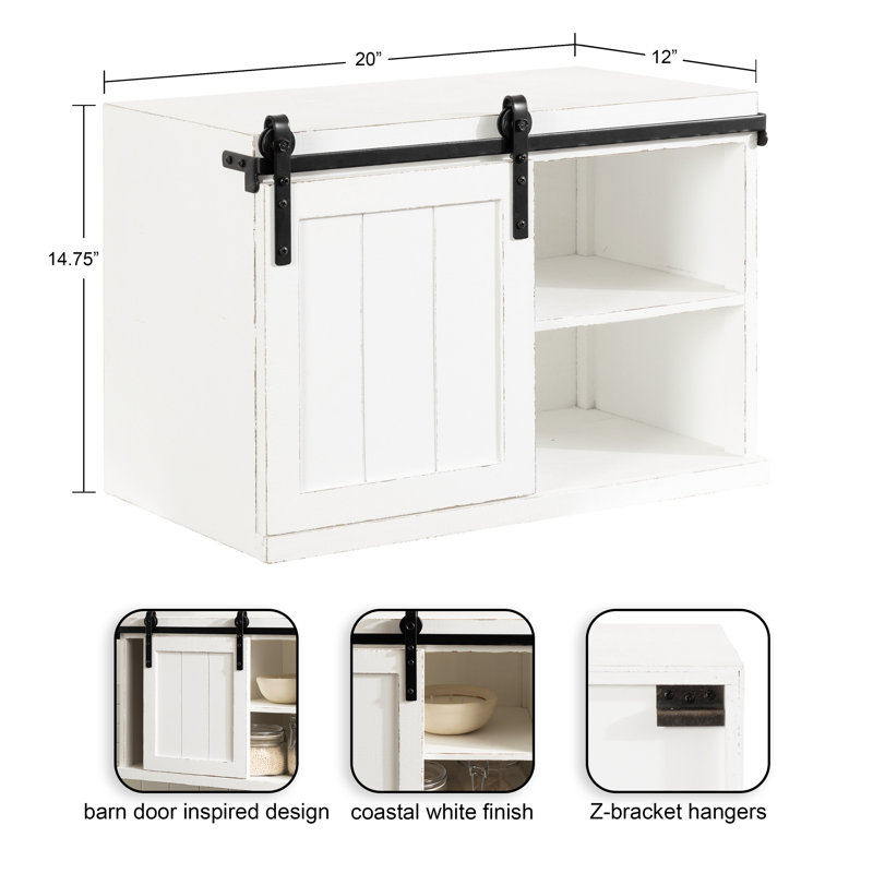 White Wood Floating Side Table with Sliding Barn Door