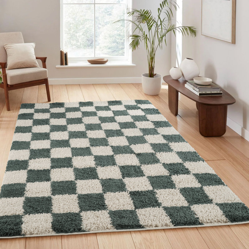 Chester Living Room Shaggy Area Rug Modern - Contemporary Checkered Design 30Mm Plush Pile Jute Backing Soft Woven Carpet -Hallway Indoor Rug, Jade Green