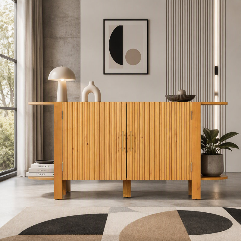 Buffet en pin avec tablette d'extension incurvée à double couche, texture ondulée verticale, poignée en métal, pour la salle à manger et la cuisine