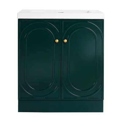 Meuble-lavabo autoportant avec lavabo en résine et portes d'armoire à fermeture en douceur, offrant des tablettes réglables et des poignées personnalisables pour une salle de bain moderne