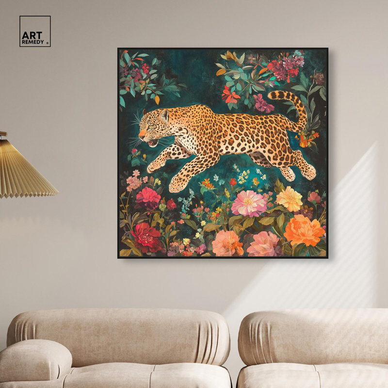 Art mural sur toile Tigers and Blooms , H 41 po x l 41 po, Cadre flottant noir