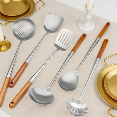 Professional 6-Piece Stainless Steel Kitchen Utensil Set With Wooden Handles, 16.6 Inch Long Cooking Tools For Wok And Commercial Use Includes Spatula, Ladle, Skimmer, Turner, And Spoon