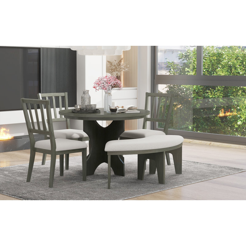 TREXM 5-piece Rustic Charm Round Dining Set with 3 Upholstered Chairs and Curved Bench, Grey/White, Grey