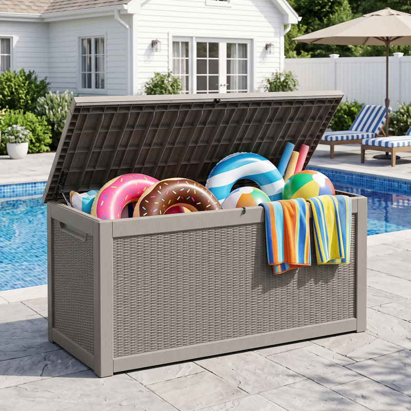 320 Gallons Water Resistant Resin Lockable Wicker Deck Box, Gray