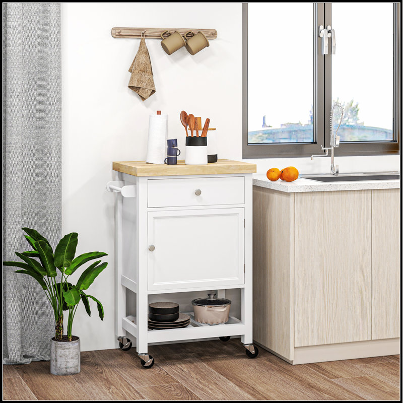 Utility Kitchen Cart, Rolling Island with Rubberwood Top, Narrow Design, Storage Drawer & Cabinet for Modern Kitchens, White