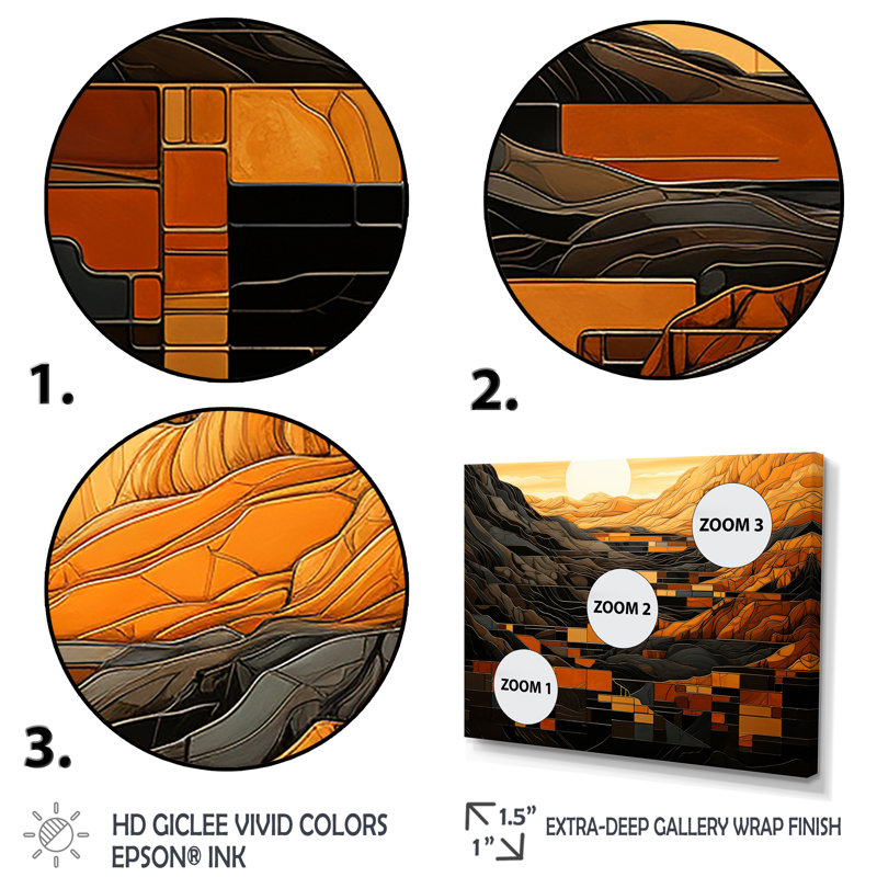 «Orange Desert Sun In Bold Landscape III - Solar Panneaux», art mural, H 12 po x l 20 po x P 1 po, Cadre flottant doré