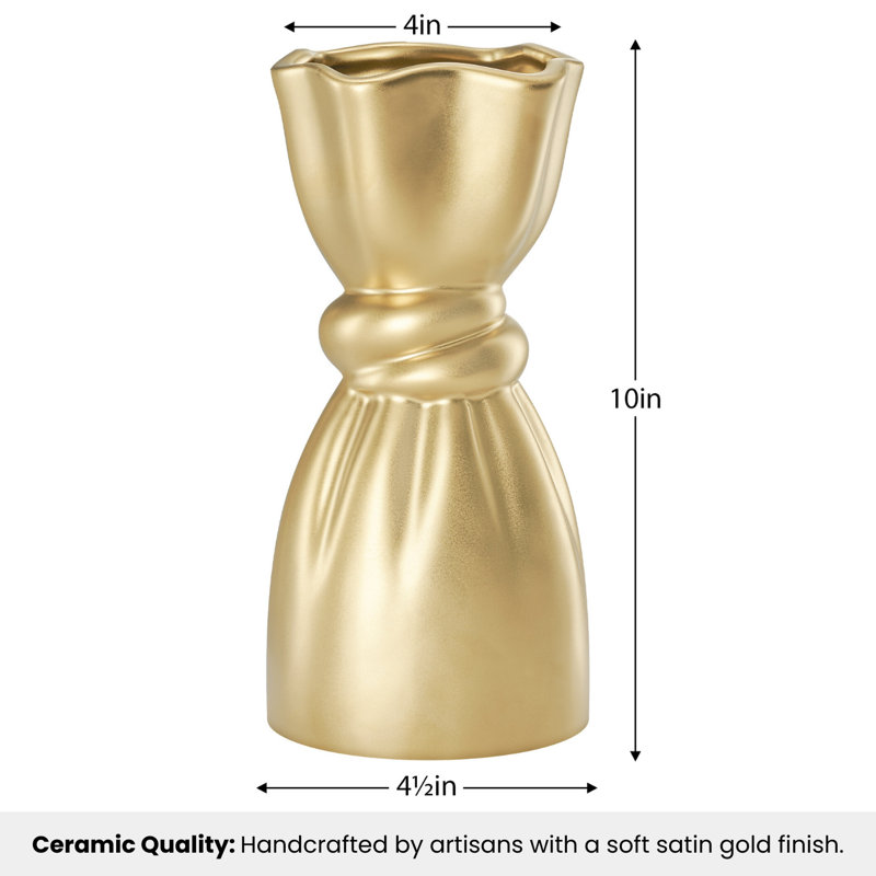 Charmaine 10" Cinched Knot Ceramic Gold Vase, Gold
