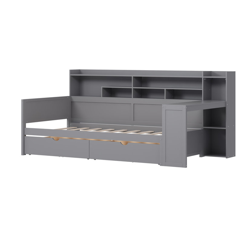 Multifunctional Wooden Twin Size Bed With Storage And Workspace, Modern Design For Small Bedrooms