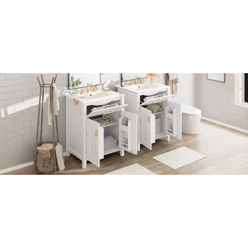 Meuble-lavabo moderne en bois massif avec lavabo en céramique et rangement à tiroirs cachés Evelyn