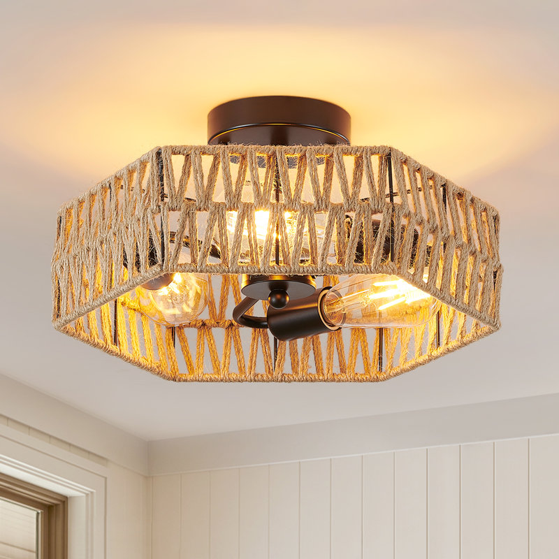Semi Flush Mount Rattan Ceiling Light Fixture