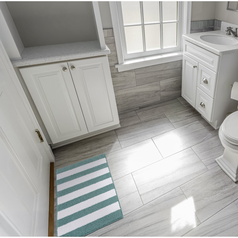 Ronning Beach Stripe Nylon and Polyester Bath Rug with Non-Slip Backing, Seafoam/White