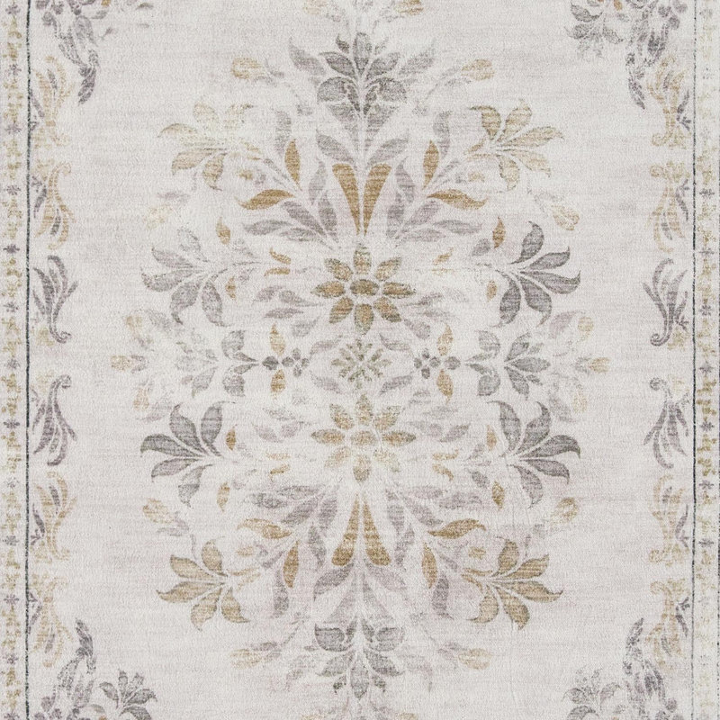 Vintage Floral Distressed Design Non-Slip Low-Pile Soft Thin Faux Wool Area Rug, Rectangle 4' x 6'