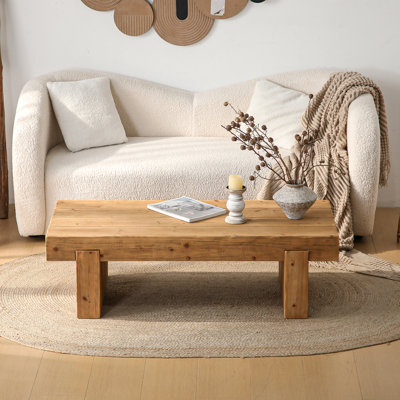 47.6" W Rectangular Rustic Farmhouse Solid Wood And Mdf Coffee Table, Low Profile Thick Block-Style Wooden Legs Sofa Table