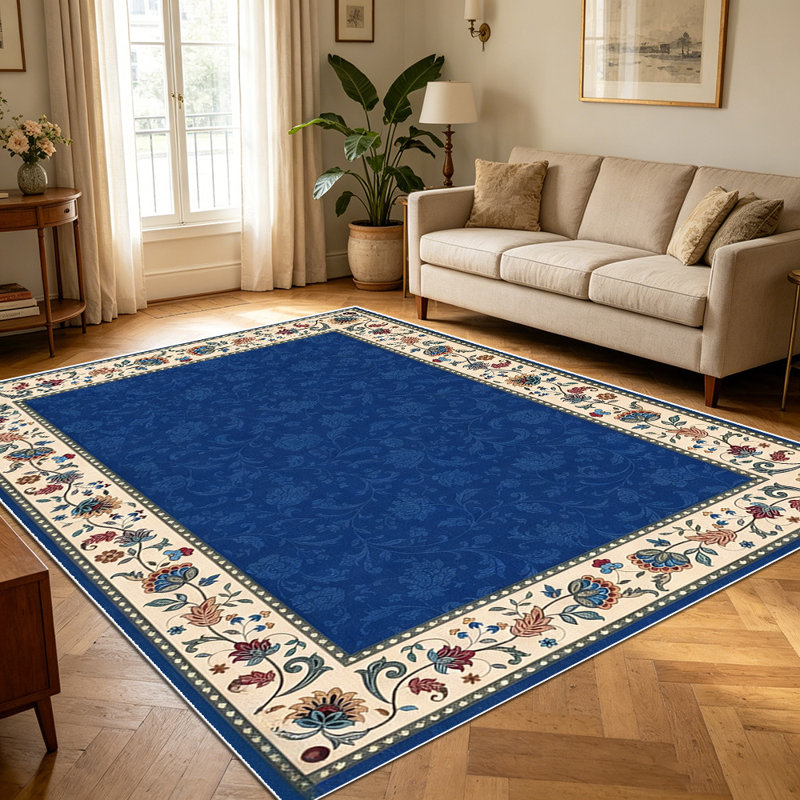 1PC Vintage Floral Bordered Royal Blue area rugs for Living Room, Soft and Comfortable, Suitable for all seasons, easy-to-maintain, machine washable Indoor floor mat, Under Table Farmhouse suitable for dining table, coffee table, bedroom, entryway,